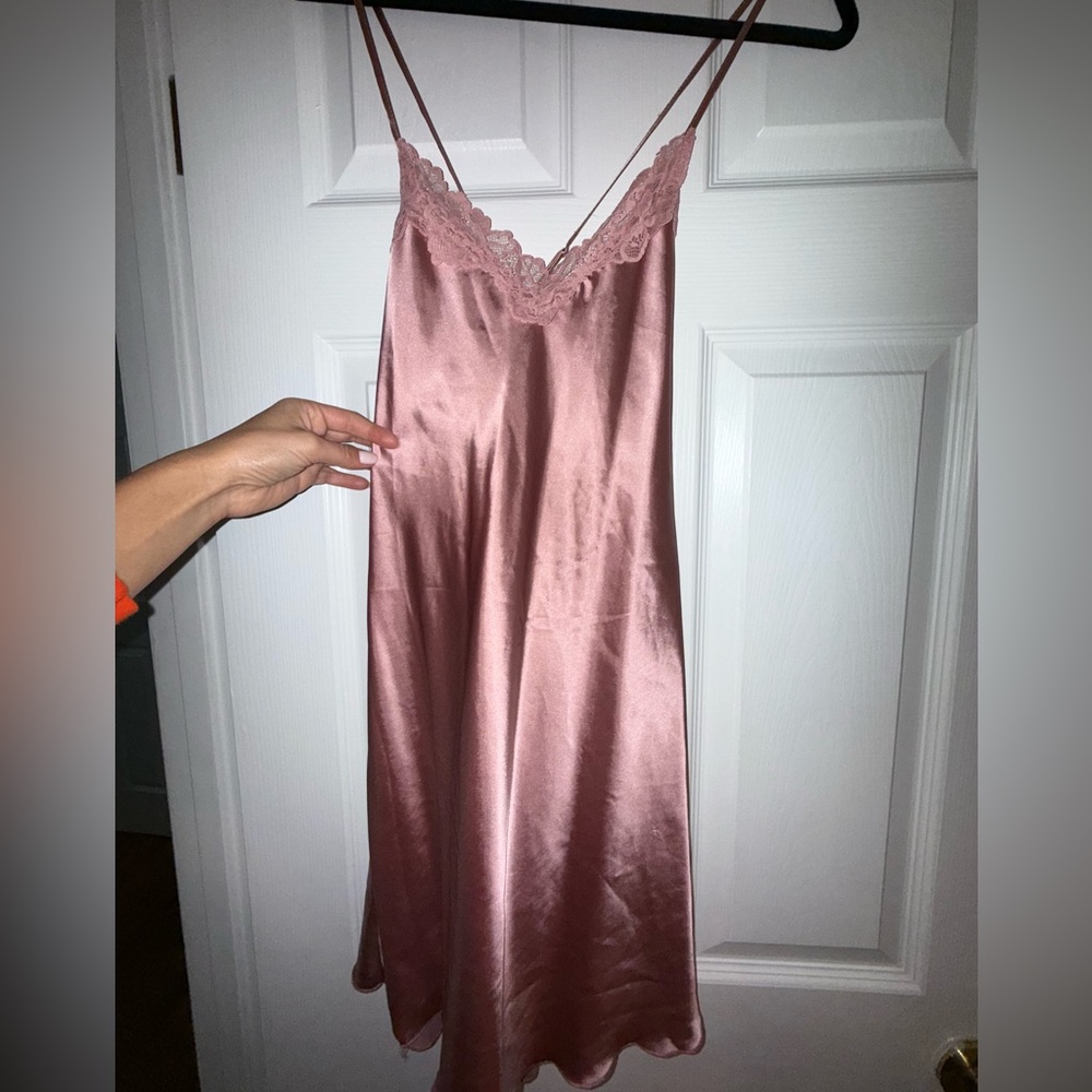 Satin Lace-Trim Chemise Slip in Dusty Rose